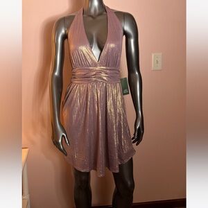 NWT Blush Purple/Pink Metallic Backless Glittery Skater Halter Dress Size XS